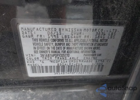 2015 Nissan Sentra Sr z USA, uszkodzony, nr VIN 3N1AB7AP0FY325770